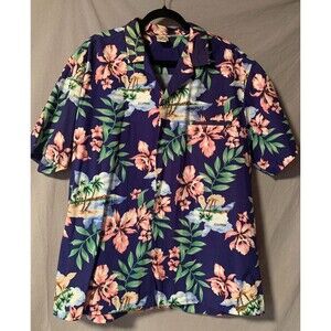 Royal Creations Hawaiian Shirt Aloha Blue Pink Tropical Wood‎ Buttons Men XL